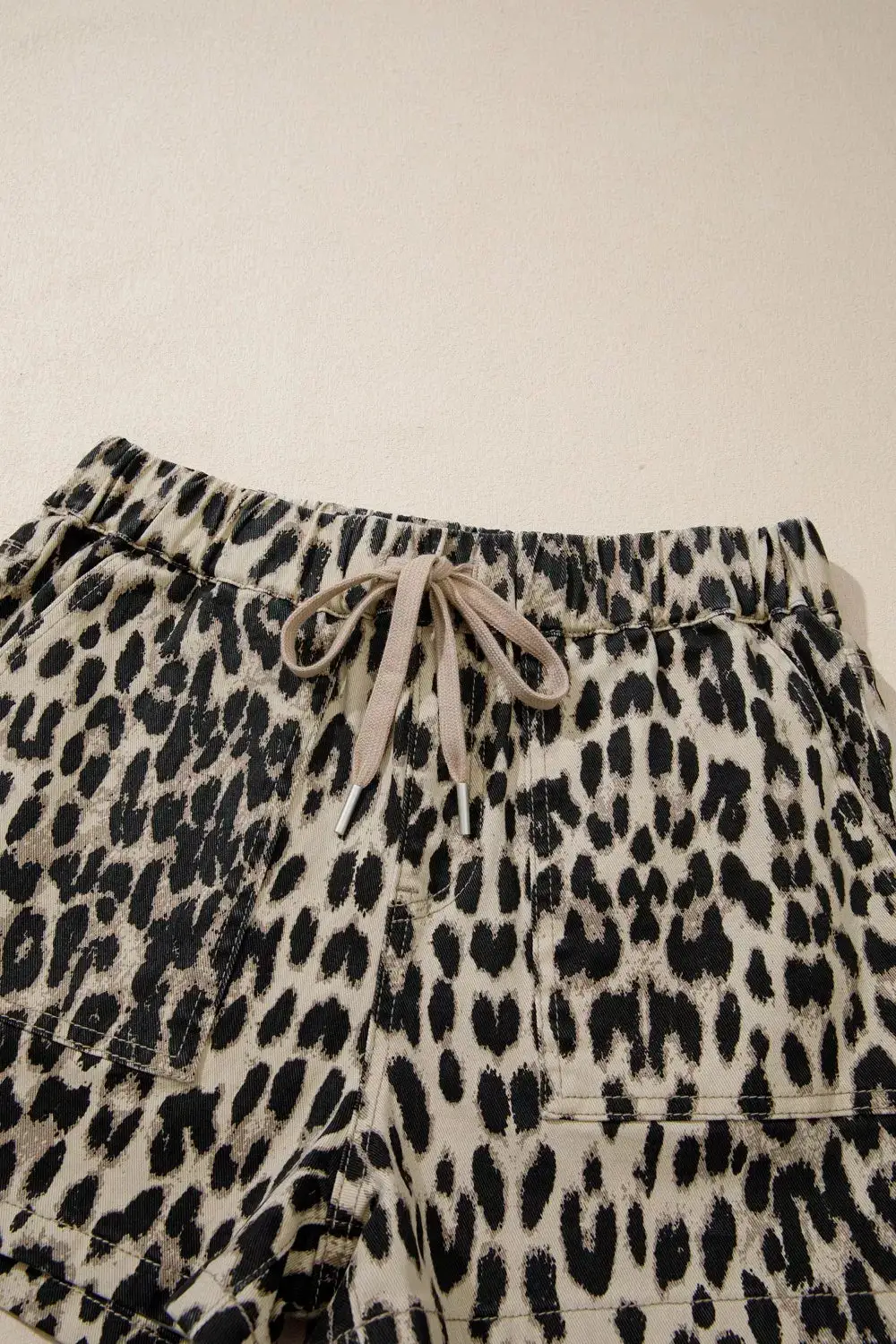 Leopard Print Lace Up Elastic Waistband Mid Rise Denim Shorts