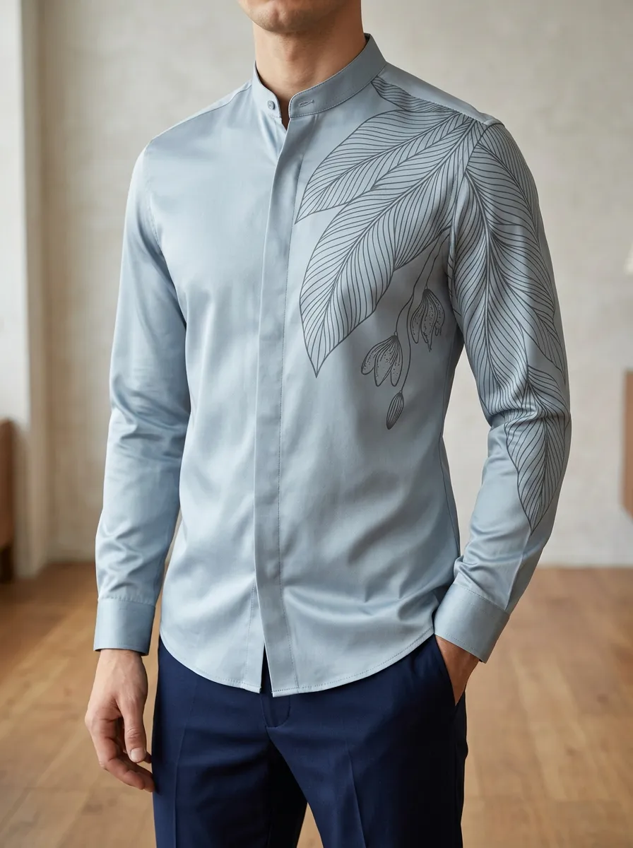Men's Botanical Leaf Print Slim Fit Mandarin Collar Shirt