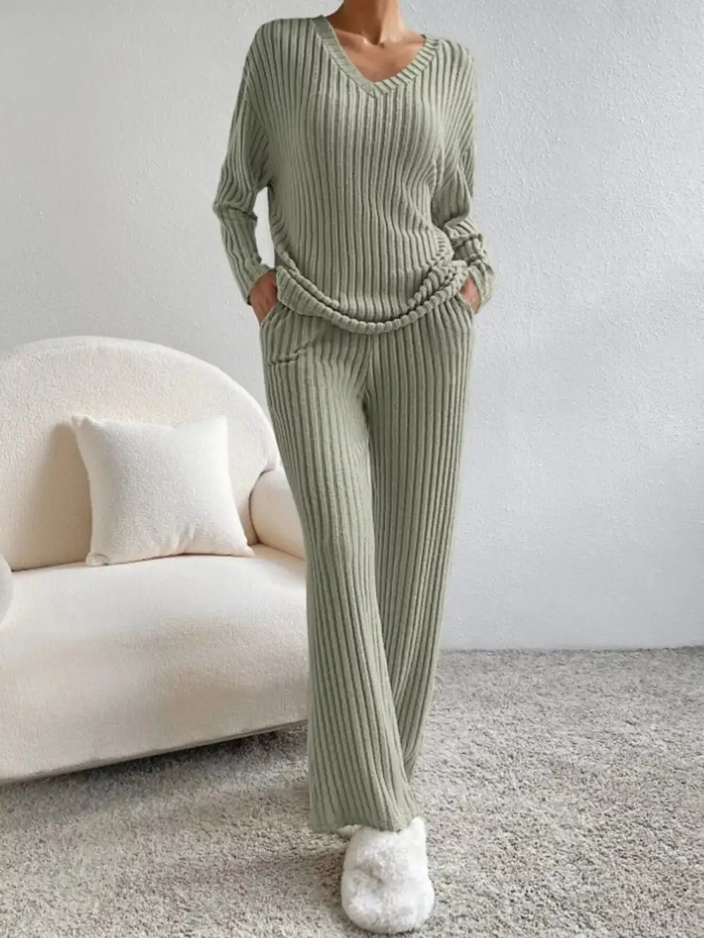 Classic Ribbed Knit V Neck Top and Pants Set