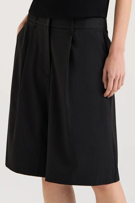 Black with Blue Pinstripe Pleated Bermuda Shorts