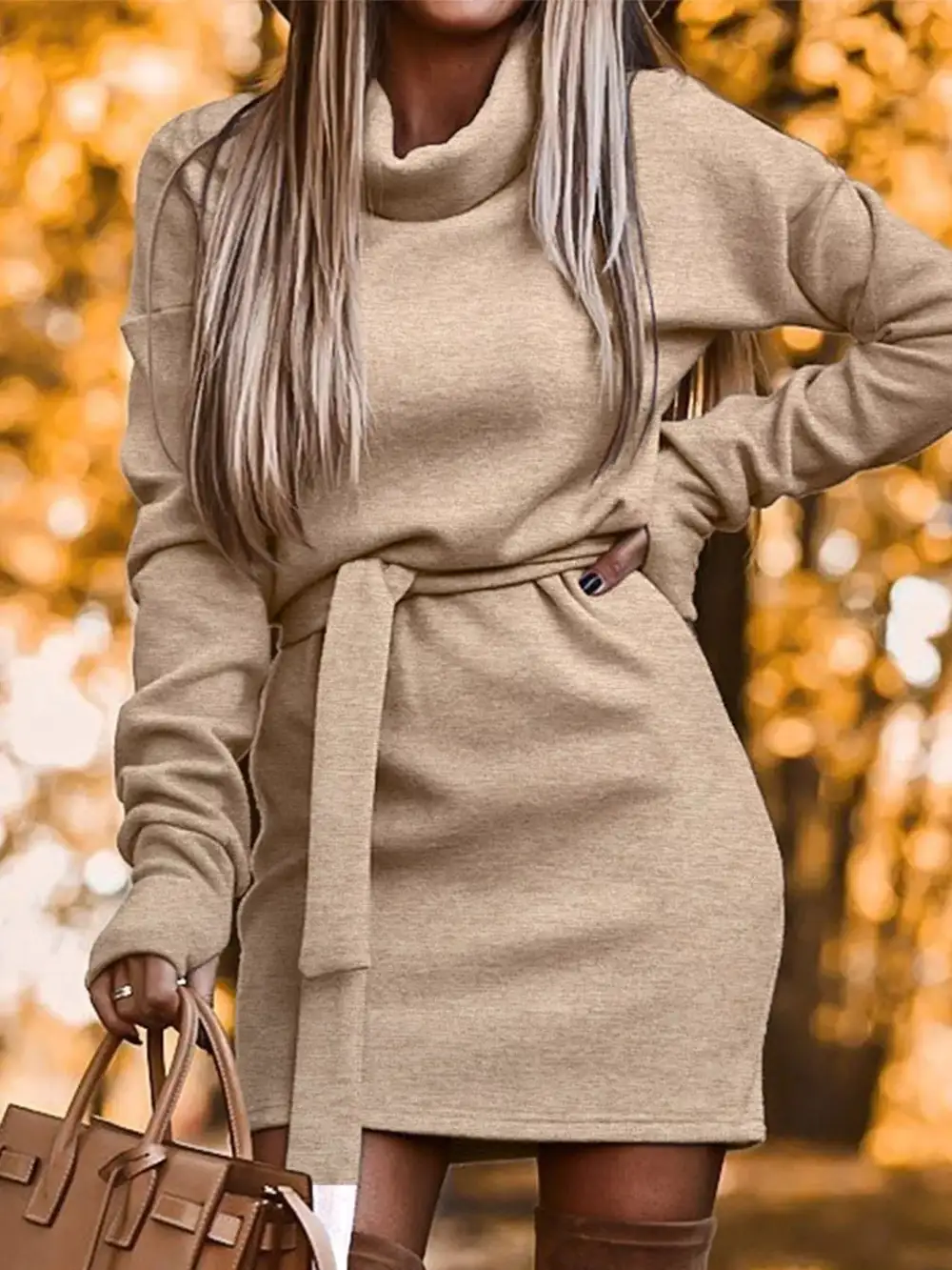 Turtleneck Belted Knit Dress