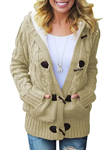 Women Hooded Knit Cardigans Button Cable Sweater Coat