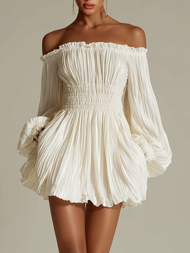 Off Shoulder Pleated Satin Puff Mini Dress