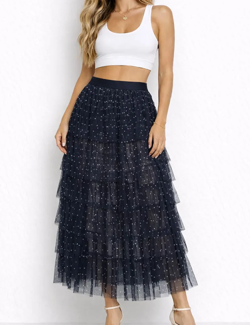 Chic Polka Dot Tiered Ruffle Elastic Waist Midi Skirt