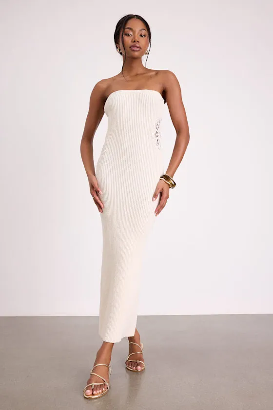 Brenna Ivory Strapless Sweater Knit Midi Dress