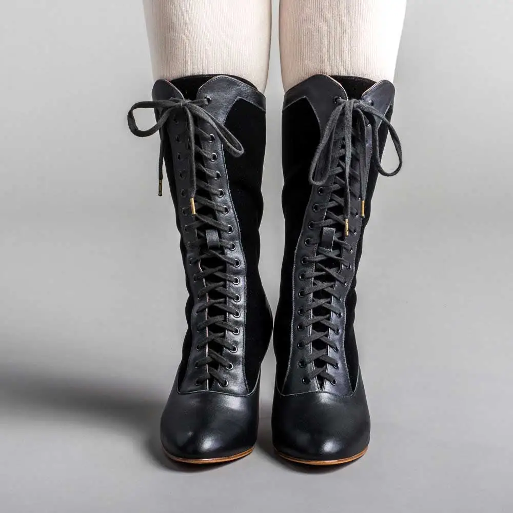 Faux-Leather Lace-Up Patchwork Spool-Heel Mid-Calf Boots