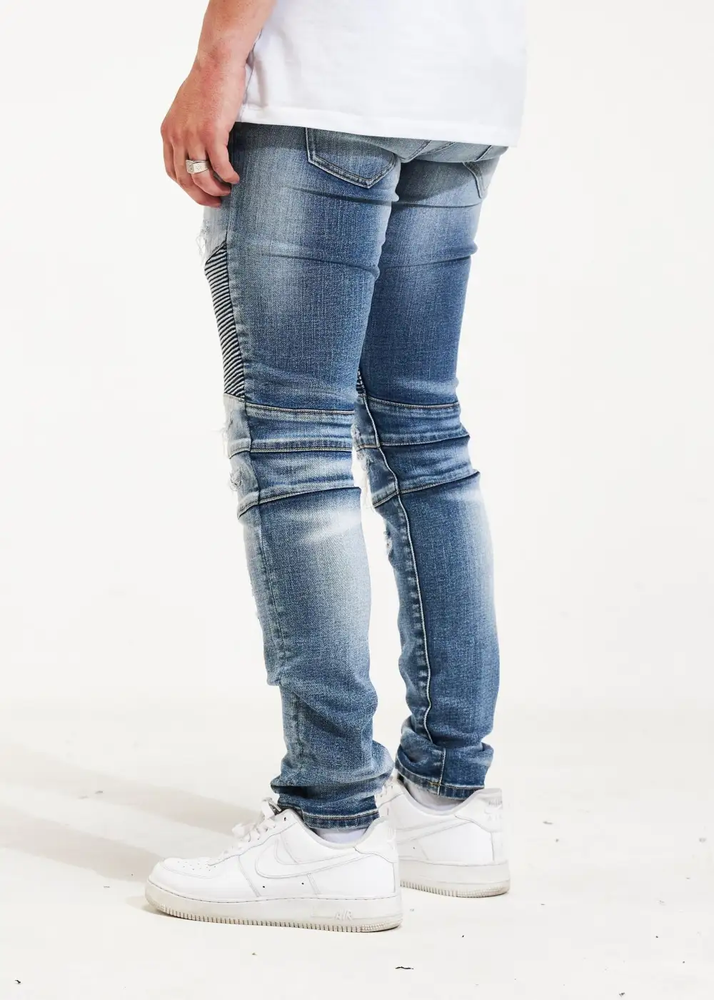 Distressed Ribbed Biker Jeans