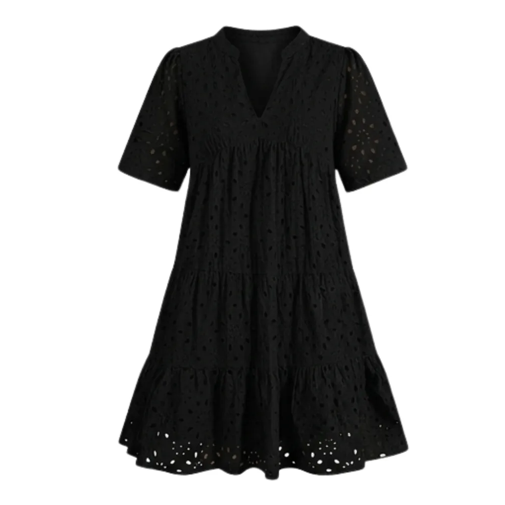 V Neck Flowy Eyelet Midi Dress