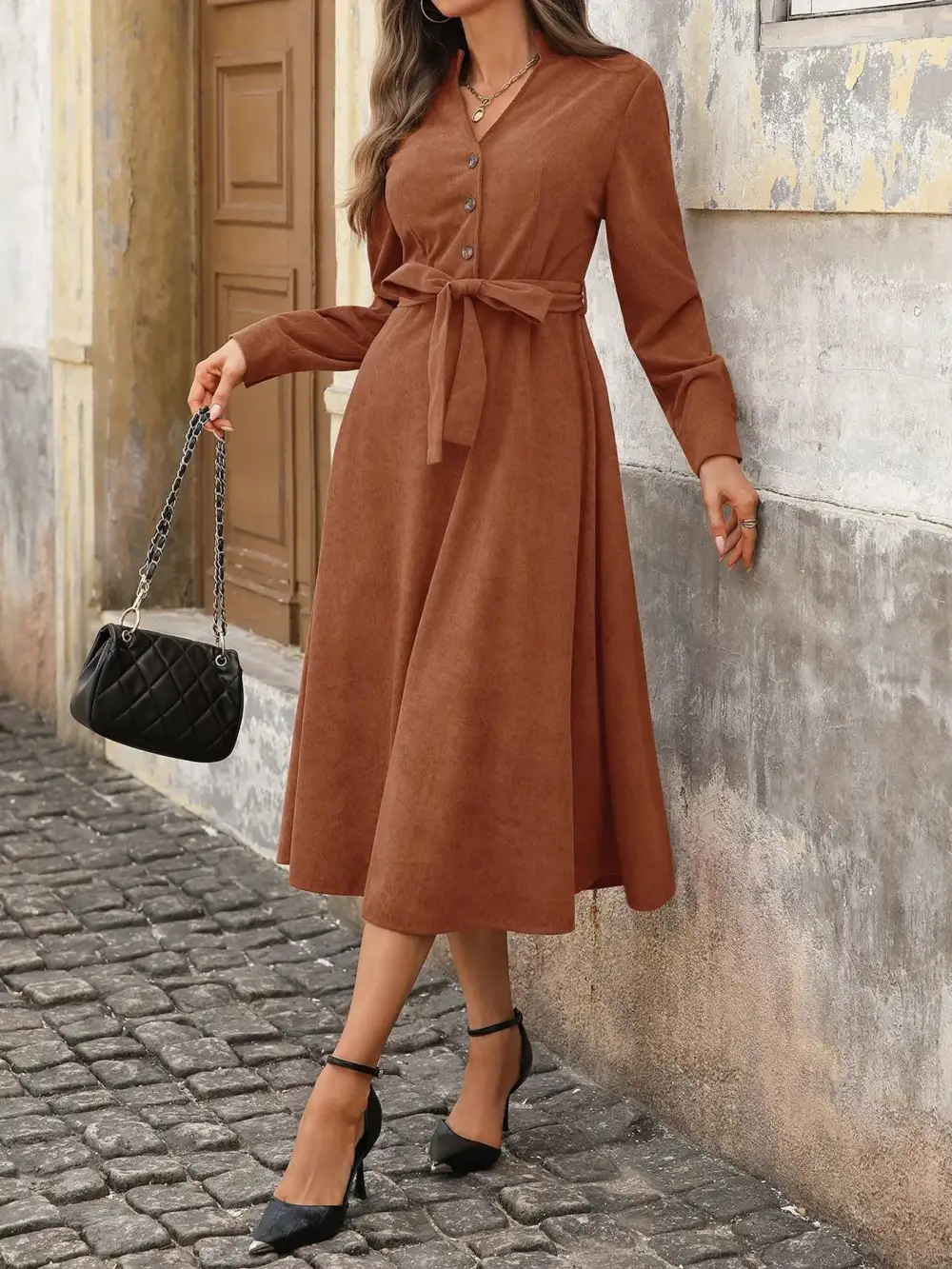 Button Front Tie Waist Long Sleeve Midi Dress