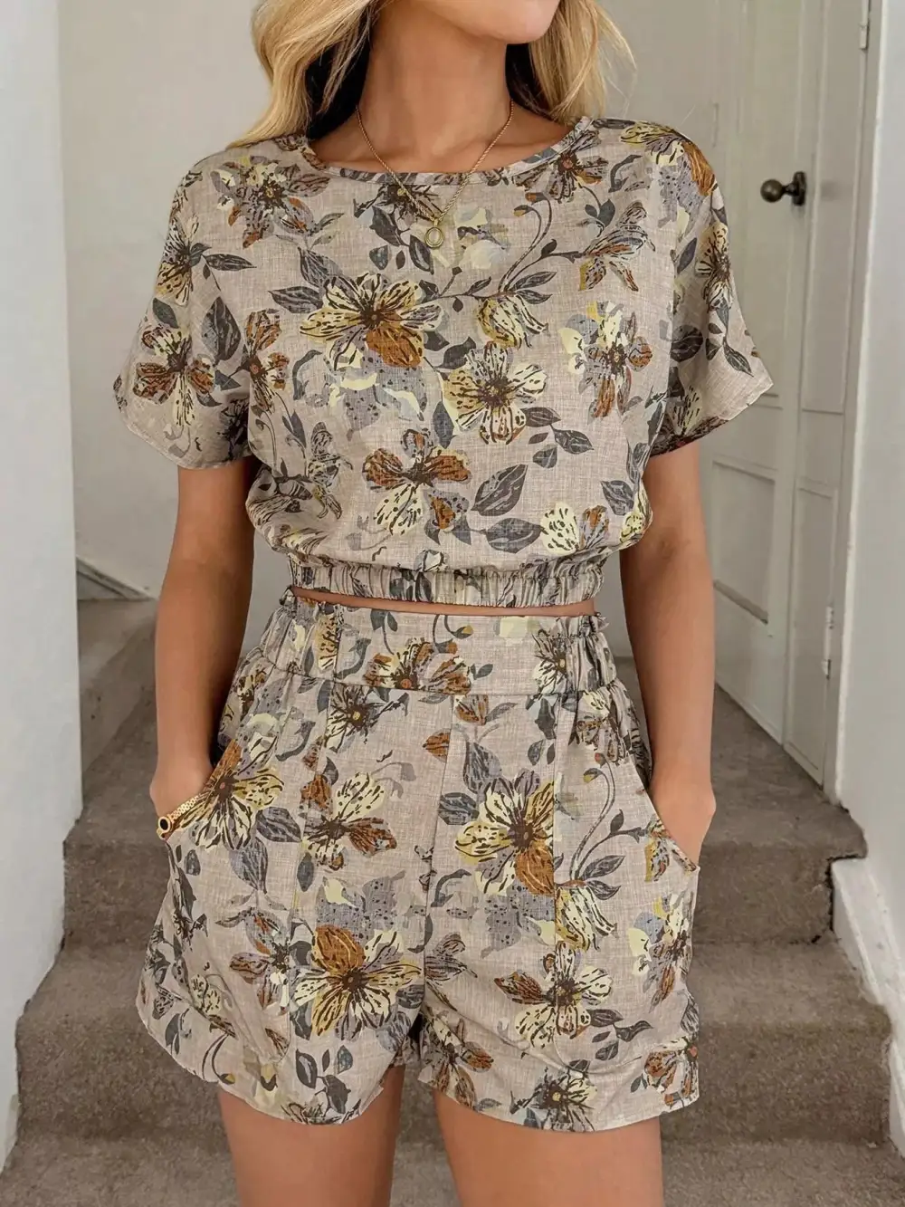Floral Print Crop Top and Shorts Set