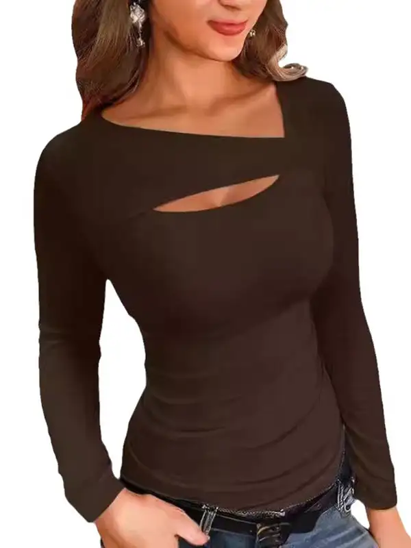 Long Sleeve Slim Fit Asymmetric Cutout Panel Detail V-Neck T-Shirt