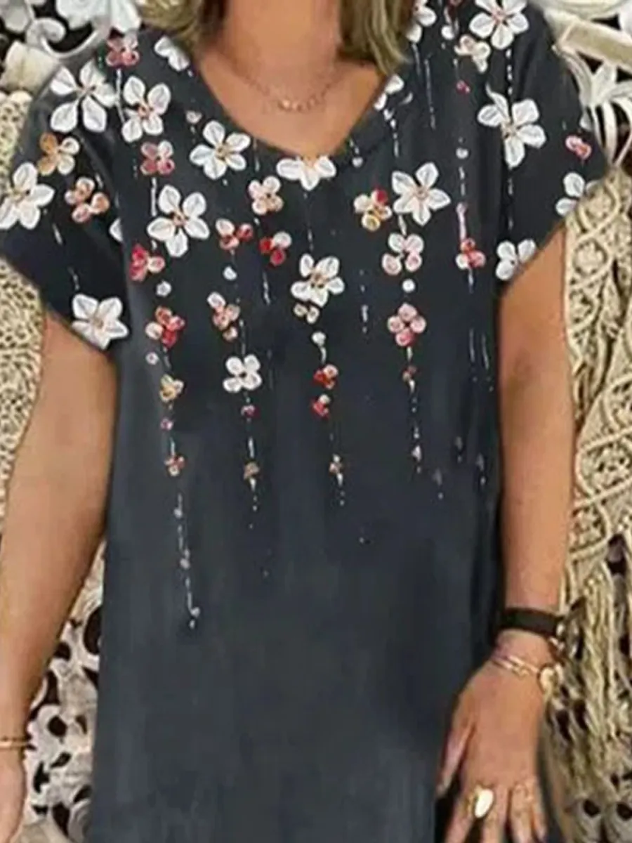 Casual Floral Print Short Sleeve V-Neck Midi Dress