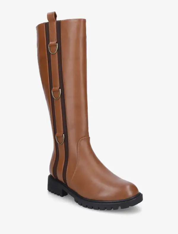 Statement Block Heel Faux Leather Flat Sole Knee High Boots