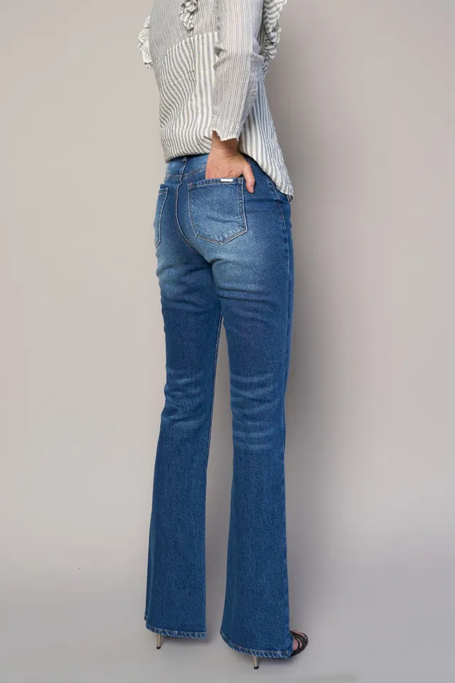 Women's High Rise Front Slit Flare Comfort Stretch Denim Jeans