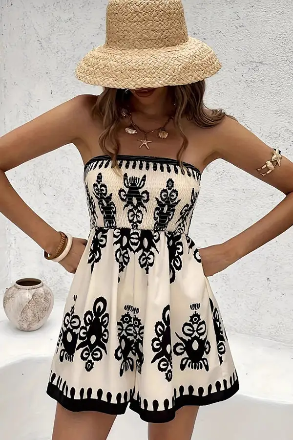 Printed Smocked Bandeau Romper