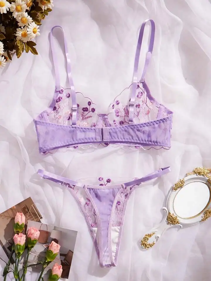 Delicate Floral Embroidered Sheer Lingerie Set