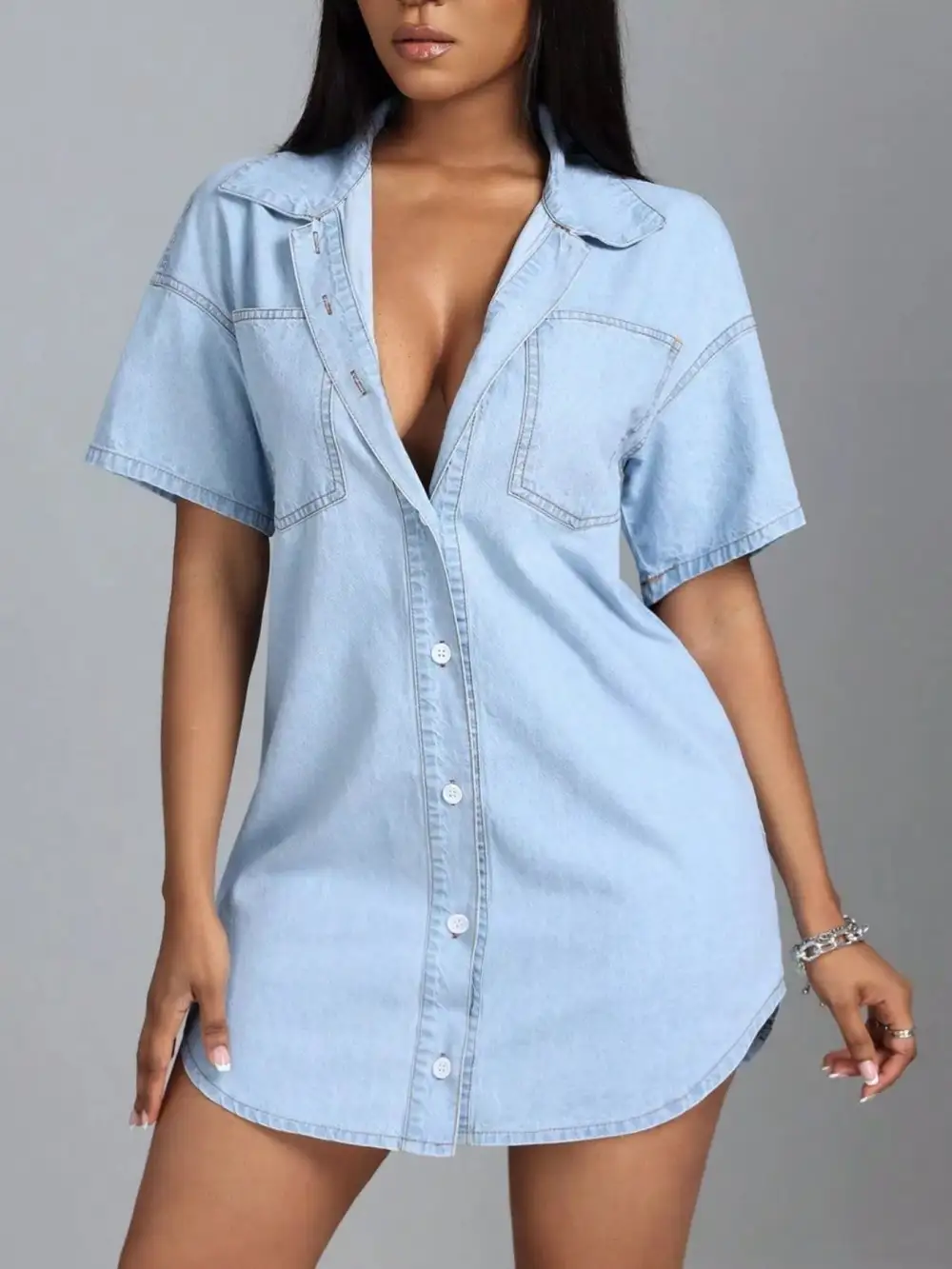 Denim Button Front Short Sleeve Dress Casual