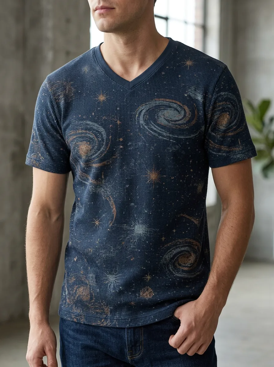 Men's Space Astronomy Galaxy Printed Waffle V-Neck T-Shirt