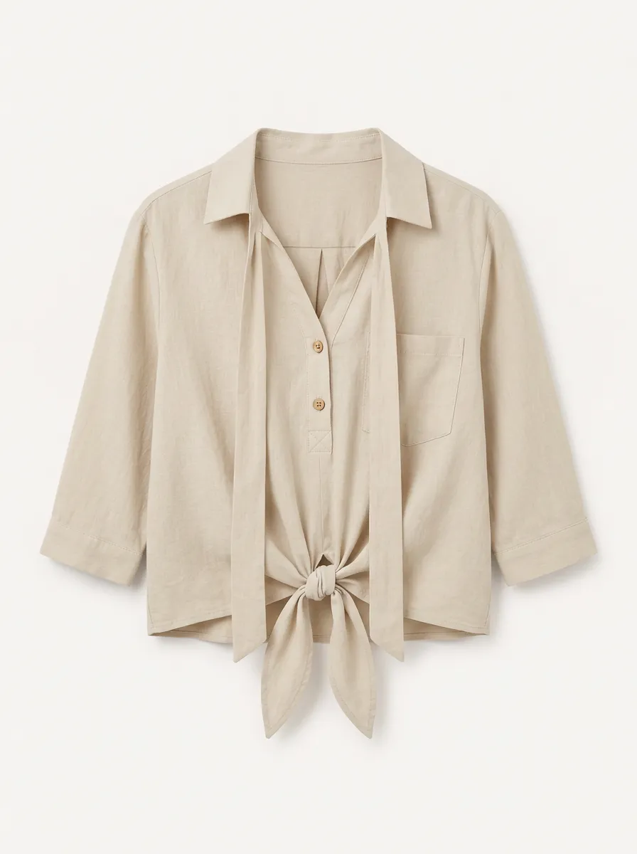 Women's Shirt with Linen Blend Cotton Tie Front