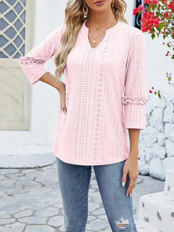 Relaxed Three Quarter Sleeves Jacquard V-Neck T-Shirt