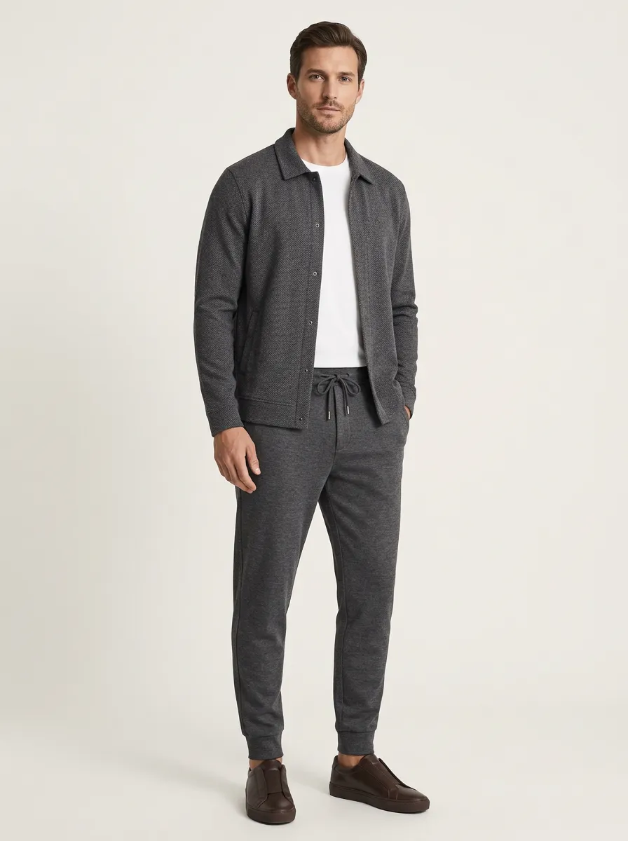 Men's Textured Textured Minimal Polo Collar Jacket and Jogger Pants Set