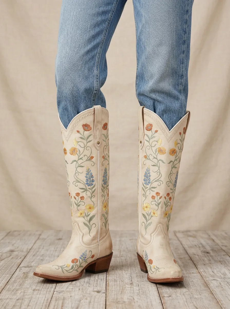 Women's Western Floral Embroidered Piped Block-Heel Stacked-Heel Denim Over-the-Knee Boots