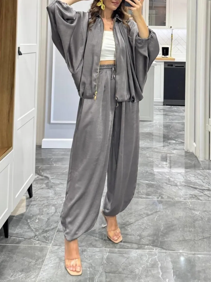 Women's solid color cross-section design casual zipper cardigan & pants set