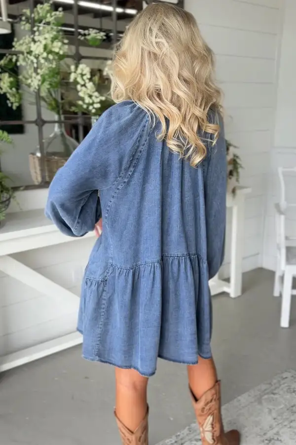Puff Sleeve V Neck Ruffled Loose Denim Mini Dress