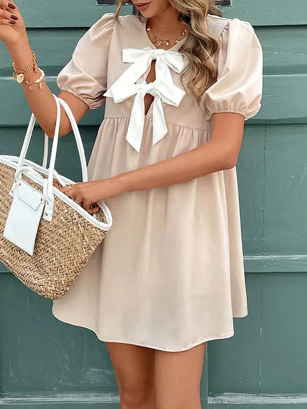 A Line Relaxed Bowknot Elasticity Pleated Round Neck Mini Dress