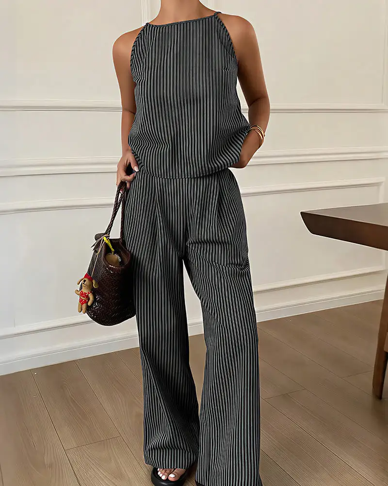 Minimalist Striped Drawstring Halter Top and Wide Leg Pants Set
