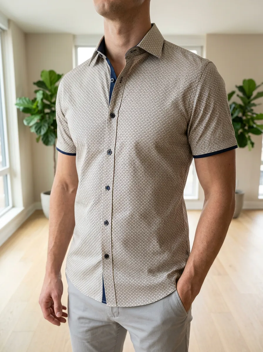 Men's Geometric Contrast Trim Short Sleeve Slim Fit Shirt
