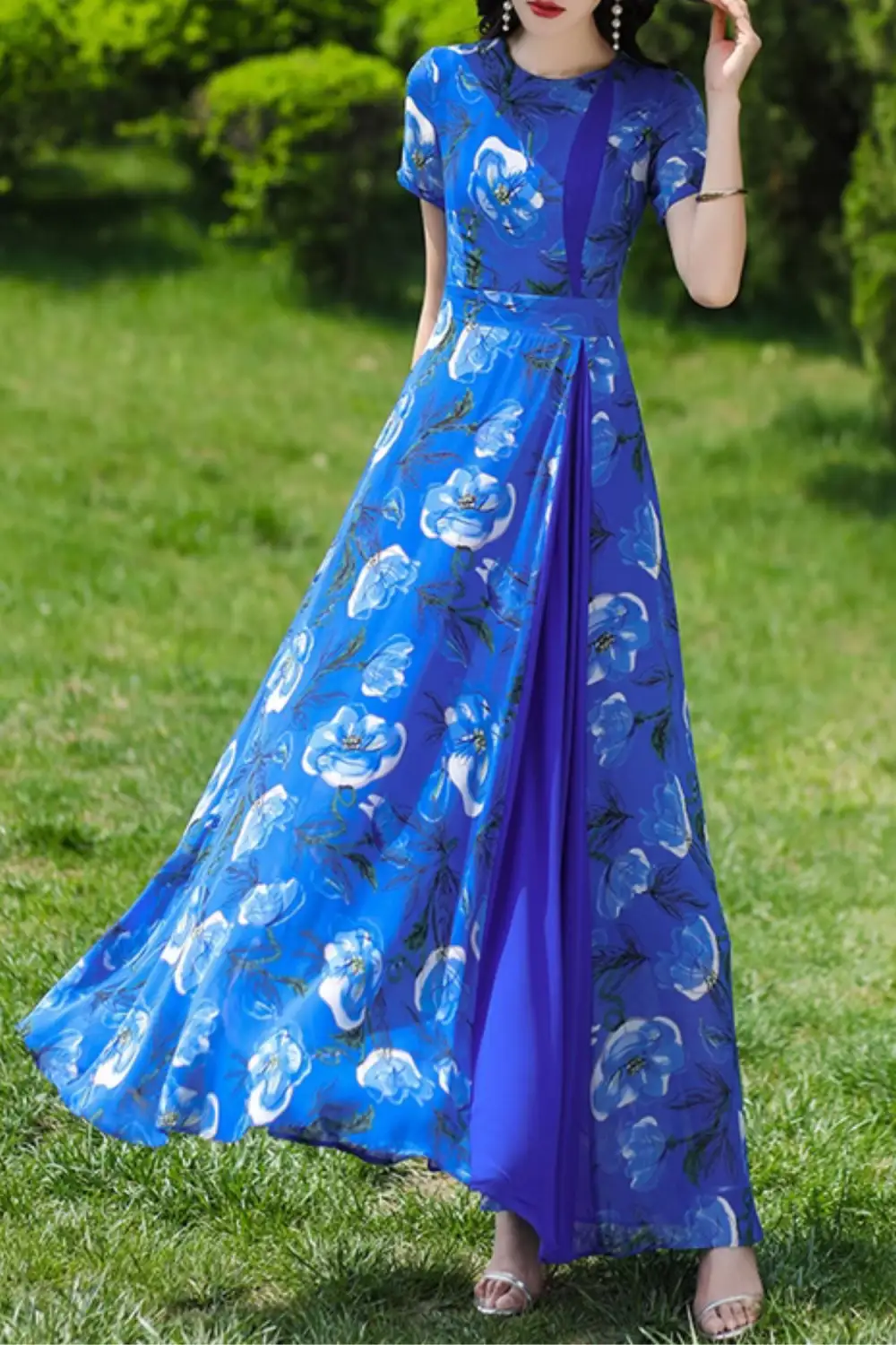 Modern Floral Chiffon Short Sleeve Maxi Dress