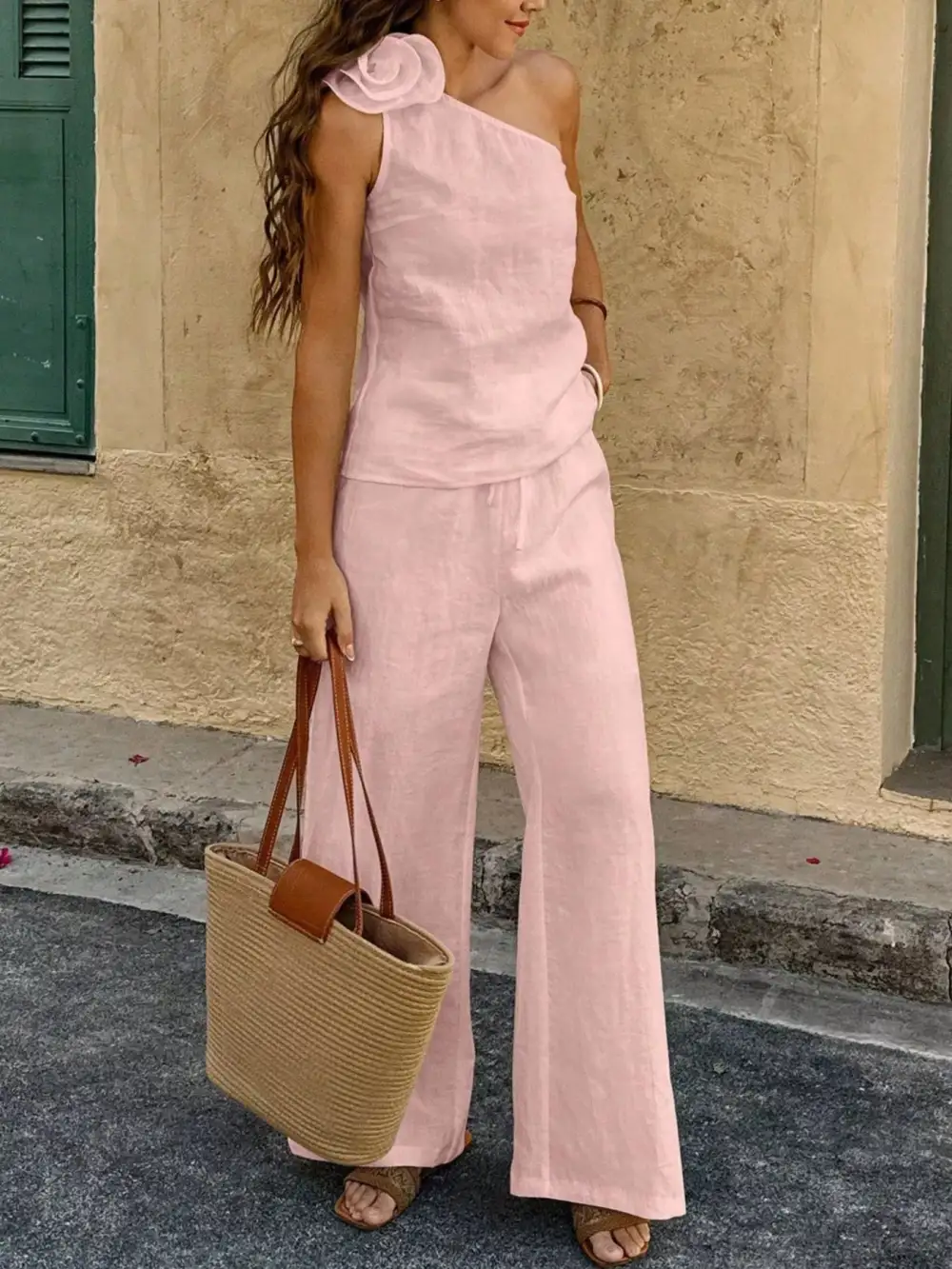 One-shoulder Embellished Top and Pants Set