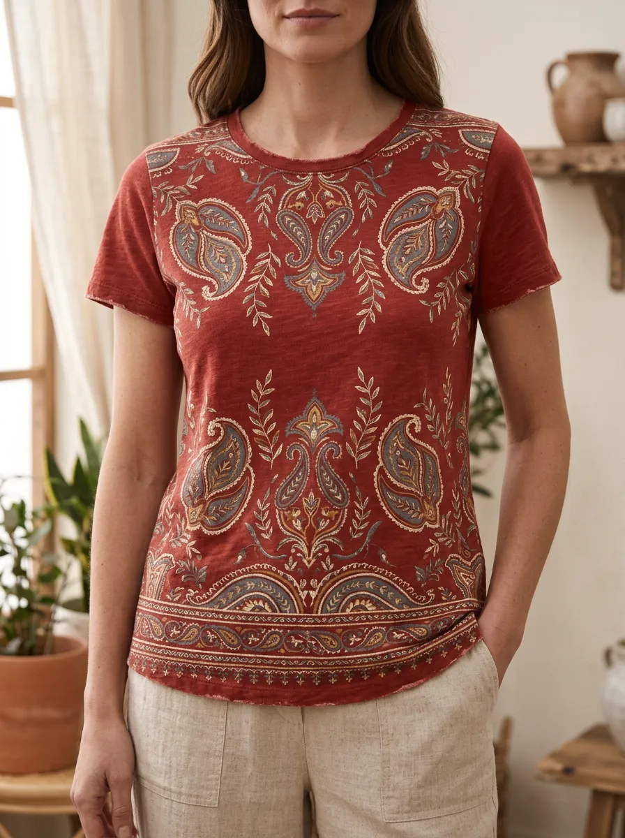 Women's Boho Paisley Floral Printed Crew Neck T-shirt