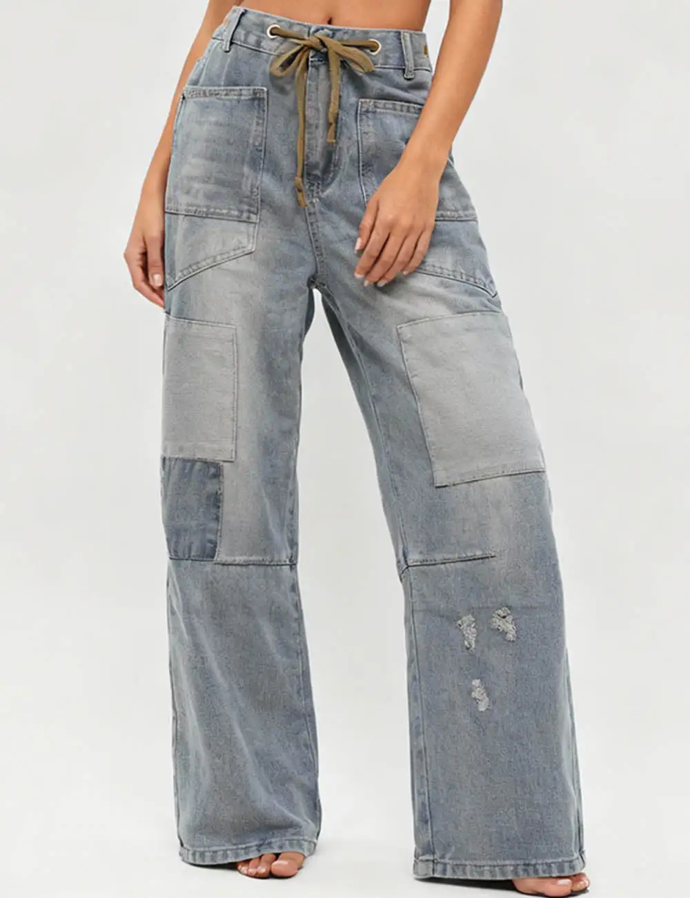 Vintage Patchwork Drawstring Wide Leg Denim Pants
