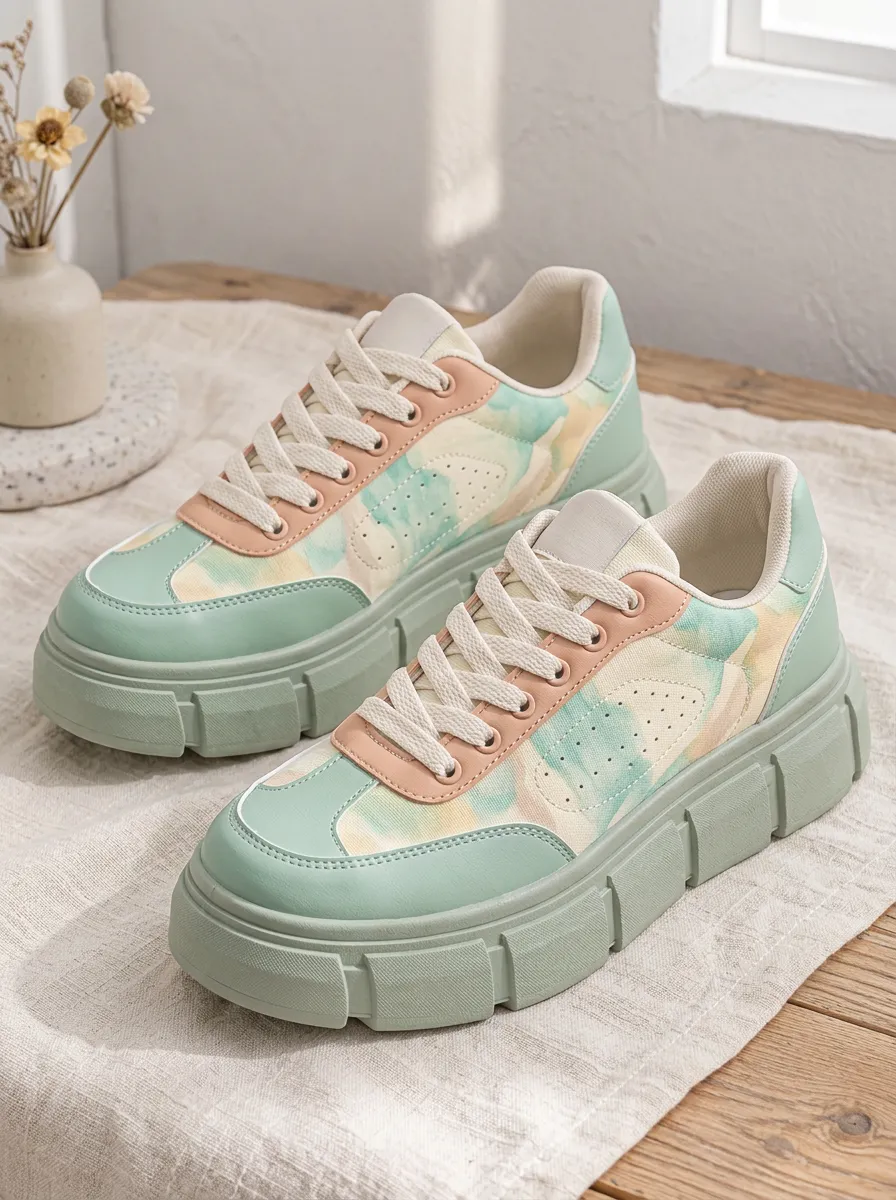 Women's Pastel Tie-Dye Colorblock Chunky Sole Printed Sneakers
