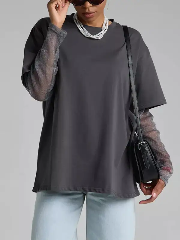 Layered Look Relaxed Sheer Panel Detail Sun Protection Round Neck T-Shirt