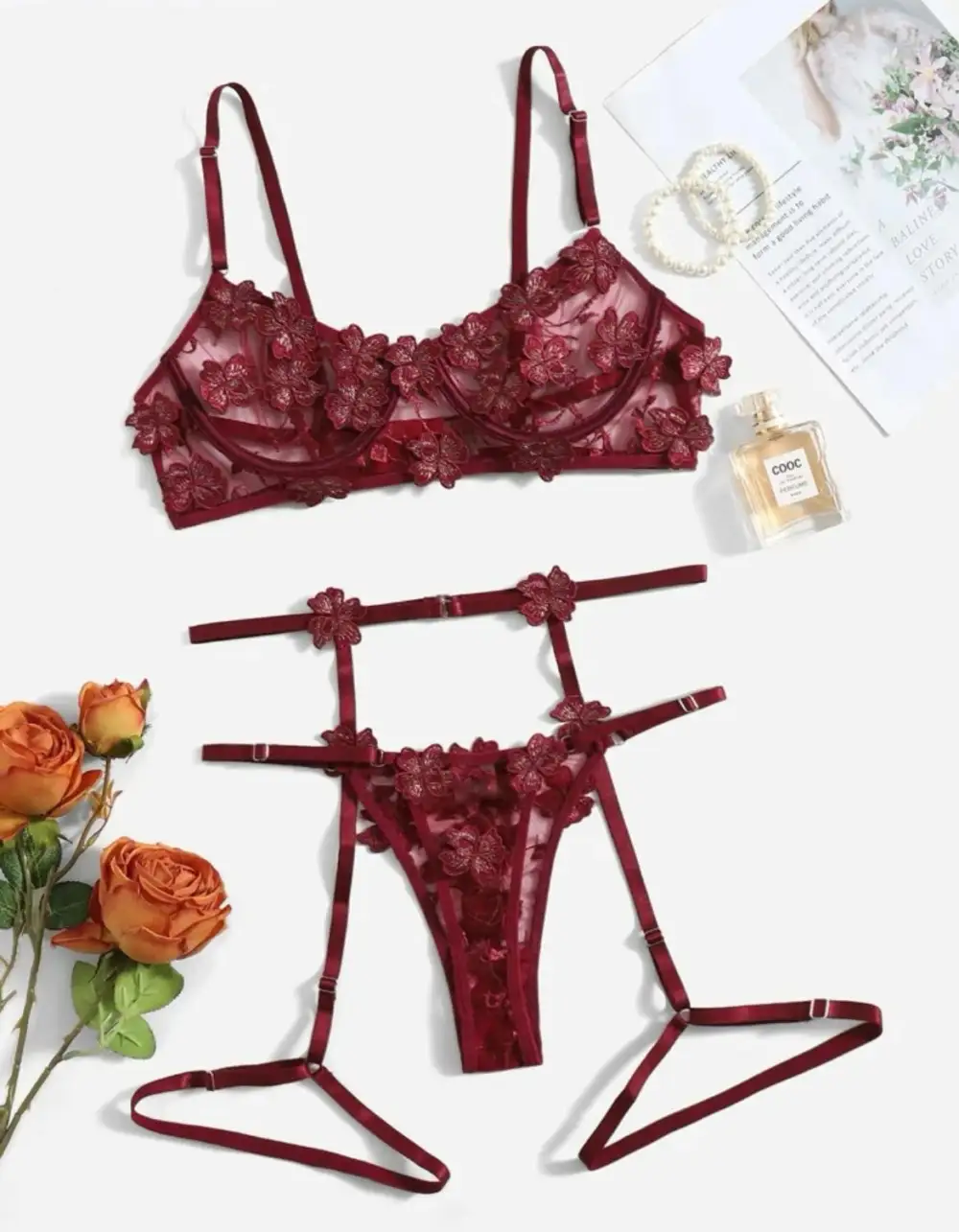 Embroidered Garter Lingerie Set