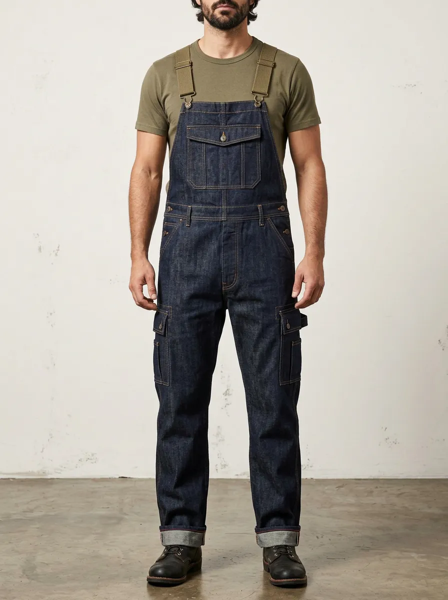 Men's Denim Cargo Utility Bib Overalls