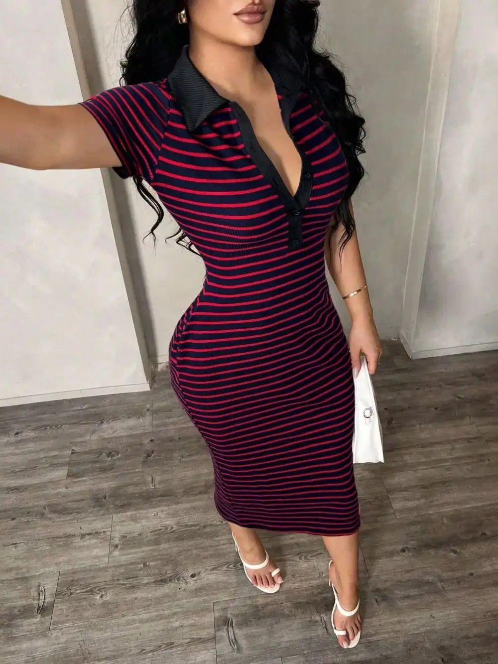 Striped Polo Collar Midi Dress