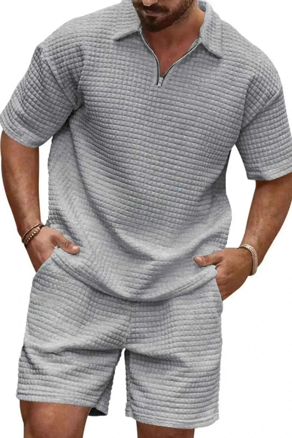 Zip Collar Short Sleeve Top and Shorts Set