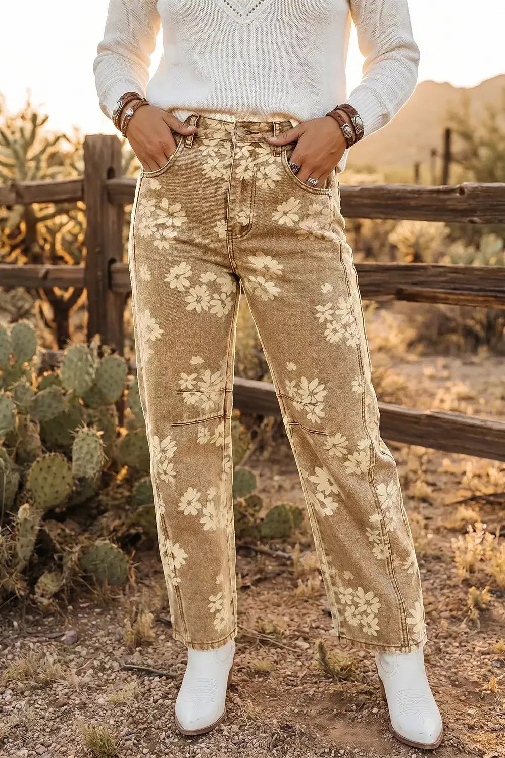 Washed Pocketed Floral-Print Stretch Straight Leg Jeans