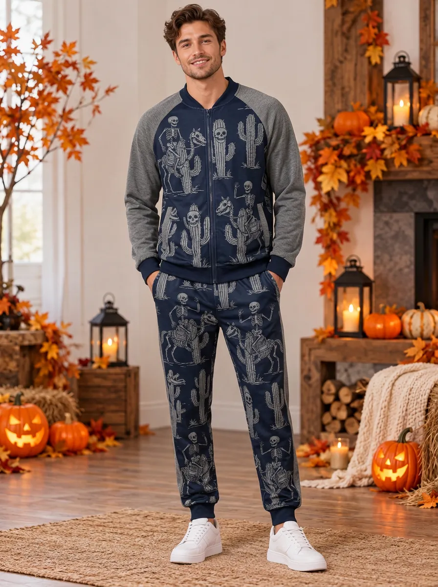 Men's Skeleton-Cactus Knit-Look Zip-Up-Jacket & Joggers Two-Piece Set