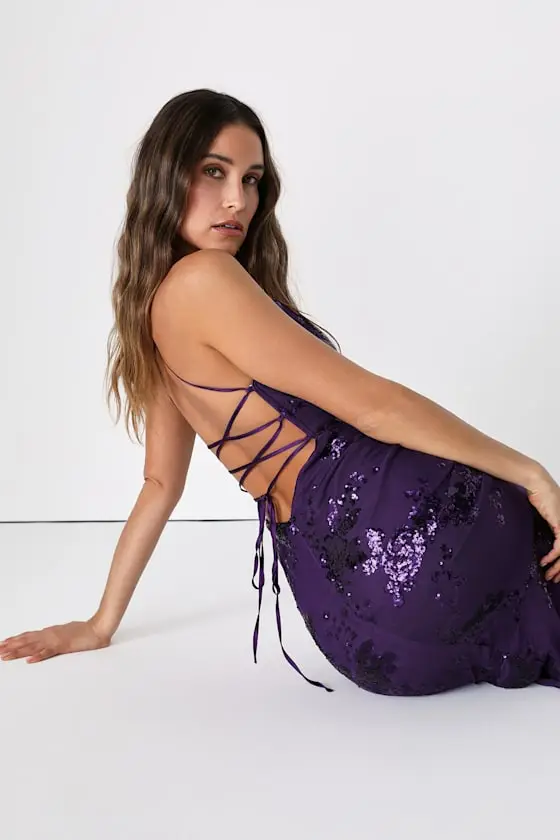 Valhalla Navy Blue Sequin Lace-Up Maxi Dress