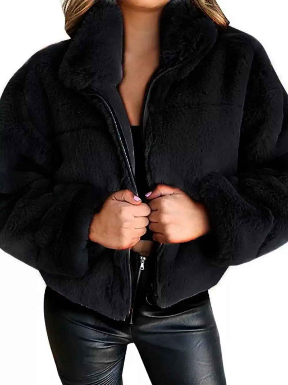 Full Size Faux Fur Cropped Zip-up Jacket Plus Size