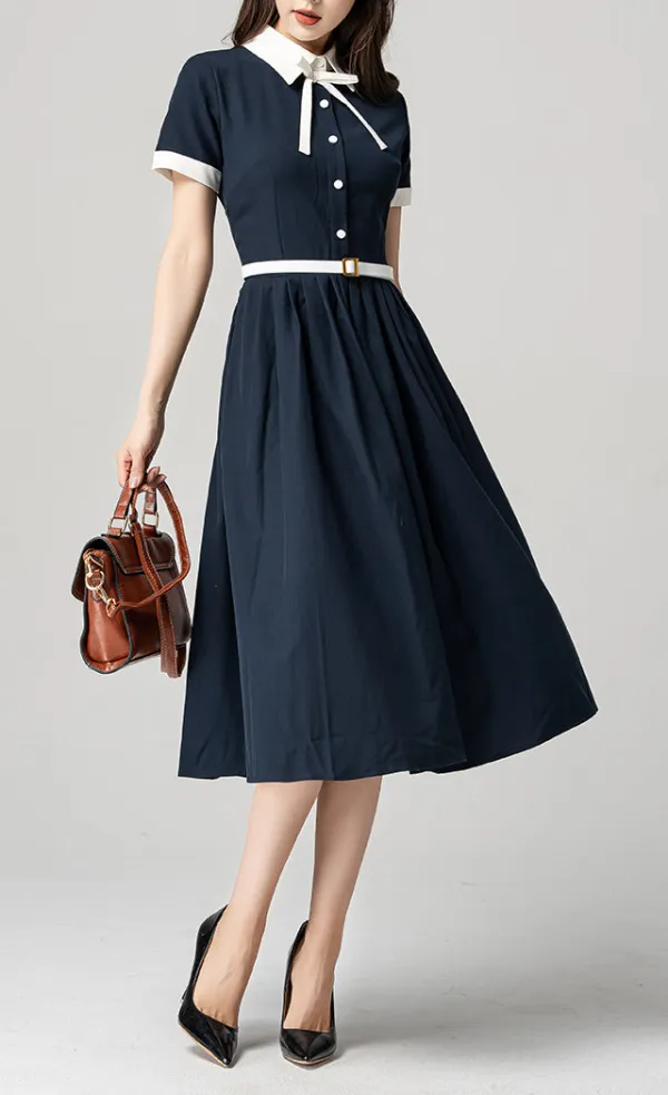 Cotton Blend Pleated Short Sleeve Midi Dress