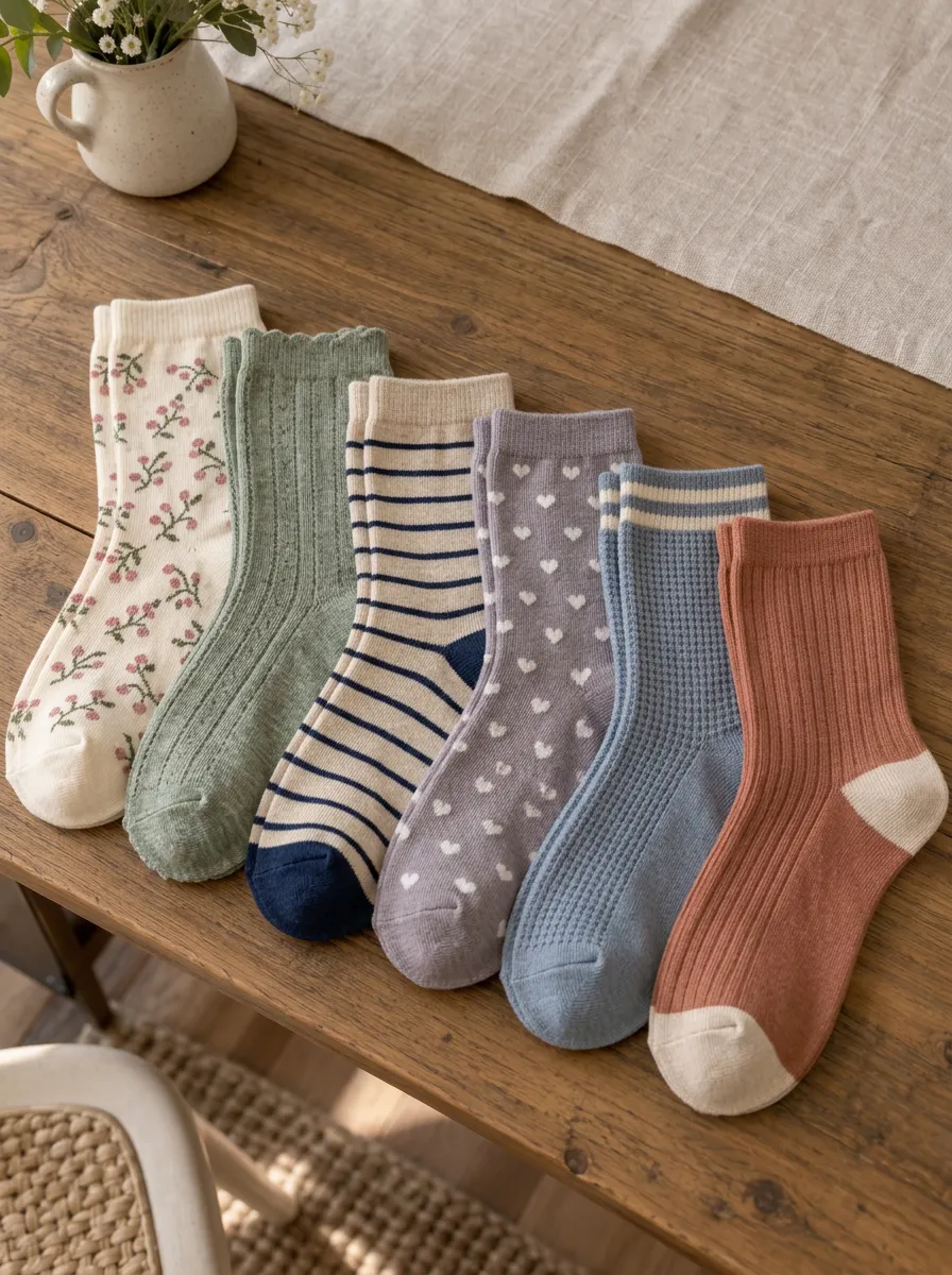 Women's Assorted Floral Heart Waffle Knit Ribbed Striped Color-Block Vintage-Inspired 6-Pack Crew Sock Set