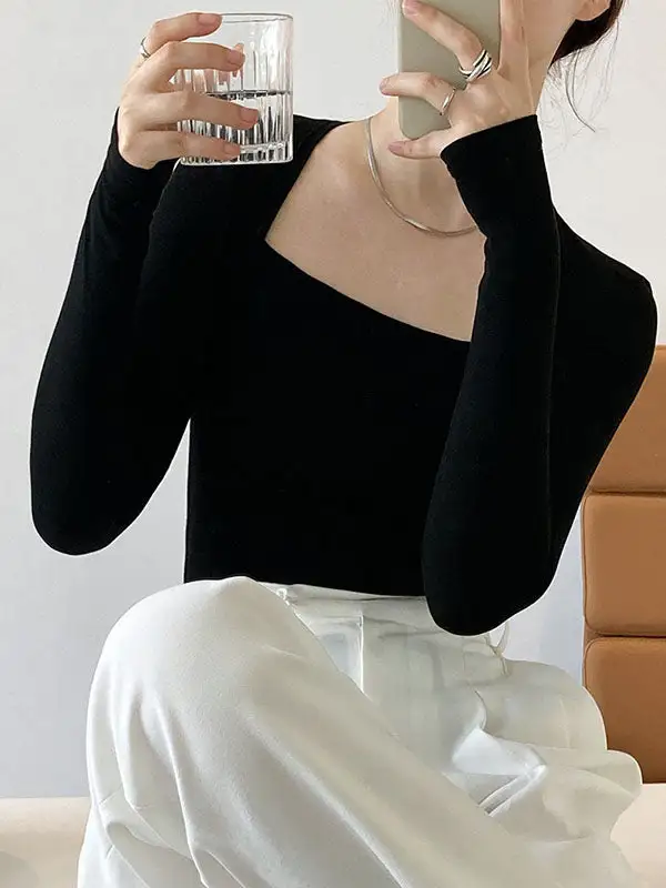Square Neck Long Sleeve Slim T-Shirt
