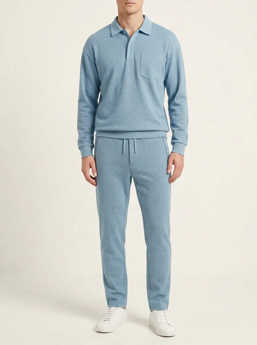 Men's Practical Textured Polo Collar Jacket and Jogger Pants Set