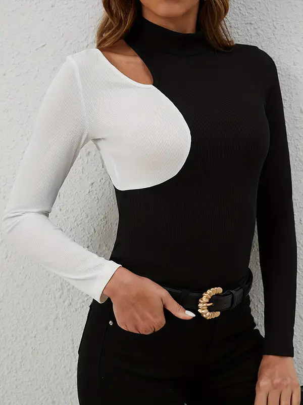 Long Sleeve Slim Fit Asymmetric Contrast Cutout Panel Detail Mock Neck T-Shirt